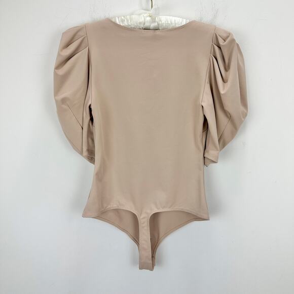 Free People VaVa Voom Bodysuit Taupe Puff Sleeve Basics Stretch Deep V XS NWT - Picture 9 of 11